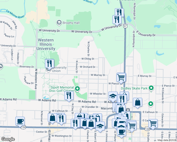map of restaurants, bars, coffee shops, grocery stores, and more near 765 North Charles Street in Macomb