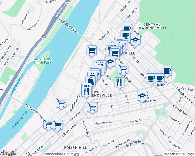 map of restaurants, bars, coffee shops, grocery stores, and more near 3728 Charlotte Street in Pittsburgh