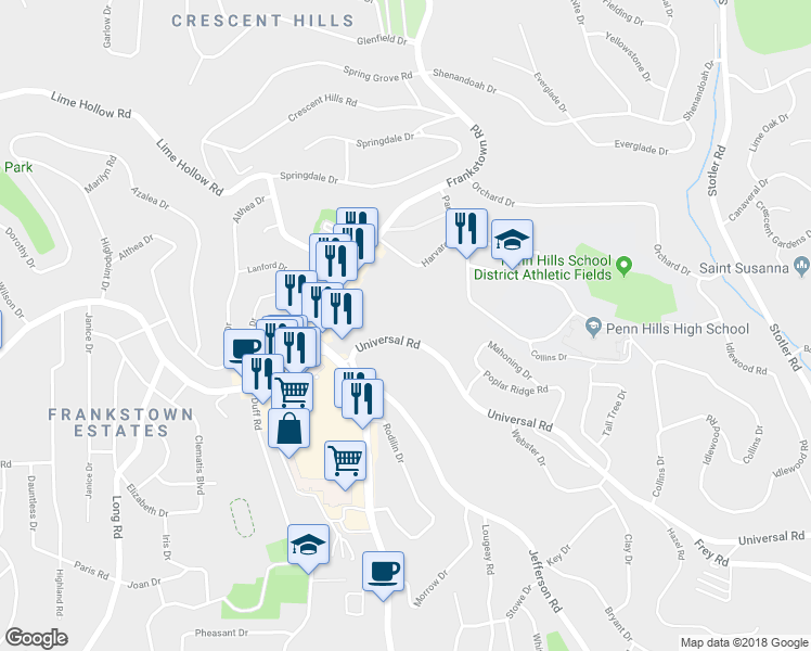 map of restaurants, bars, coffee shops, grocery stores, and more near 167 Universal Road in Pittsburgh
