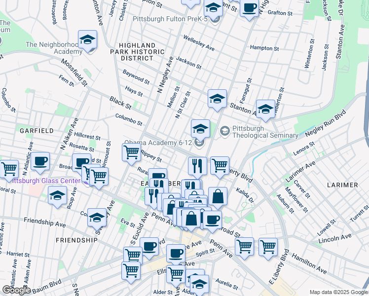 map of restaurants, bars, coffee shops, grocery stores, and more near 512 Borland Street in Pittsburgh