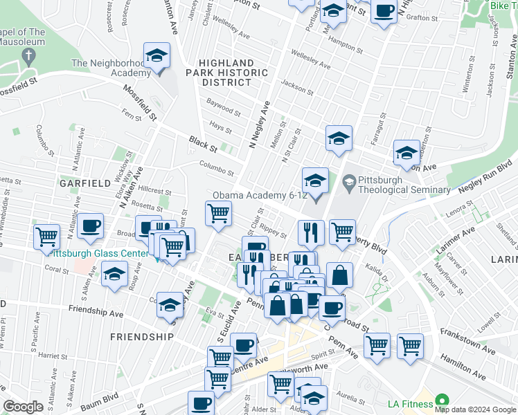 map of restaurants, bars, coffee shops, grocery stores, and more near 5707 East Liberty Boulevard in Pittsburgh