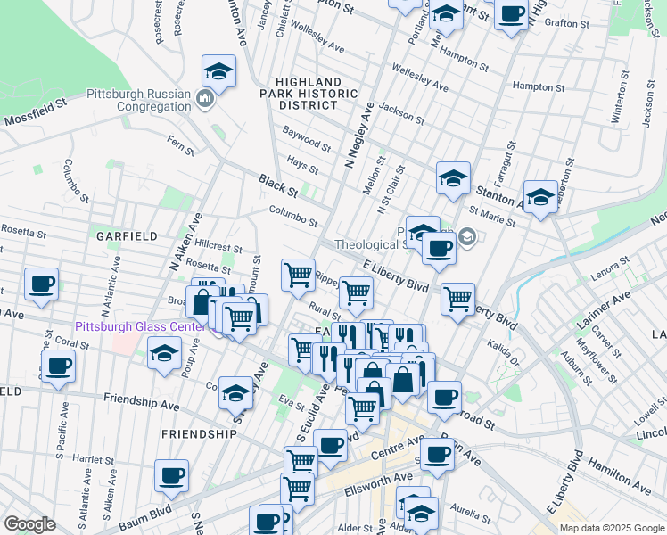 map of restaurants, bars, coffee shops, grocery stores, and more near 5684 East Liberty Boulevard in Pittsburgh