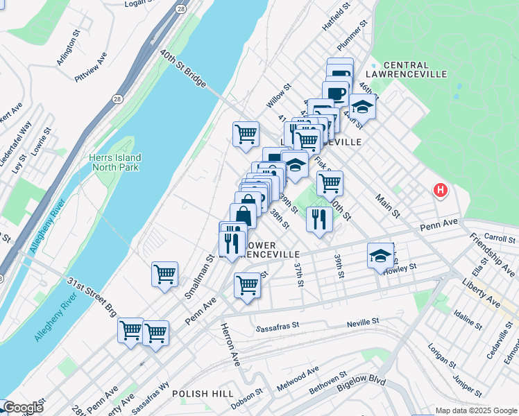 map of restaurants, bars, coffee shops, grocery stores, and more near 3728 Charlotte Street in Pittsburgh