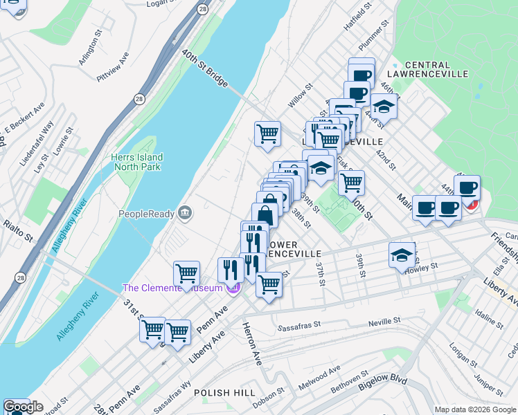 map of restaurants, bars, coffee shops, grocery stores, and more near 162 37th Street in Pittsburgh