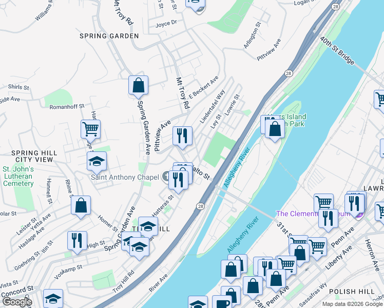 map of restaurants, bars, coffee shops, grocery stores, and more near 1921 Tours Street in Pittsburgh