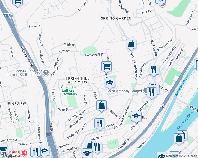 map of restaurants, bars, coffee shops, grocery stores, and more near 1305 Rescue Street in Pittsburgh