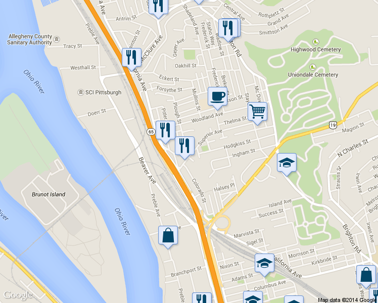 map of restaurants, bars, coffee shops, grocery stores, and more near 1506 Superior Avenue in Pittsburgh