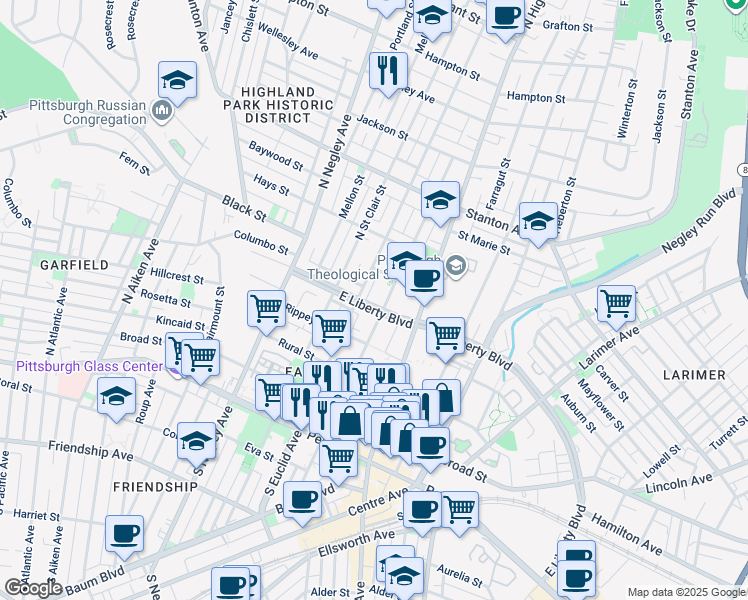 map of restaurants, bars, coffee shops, grocery stores, and more near 512 Borland Street in Pittsburgh