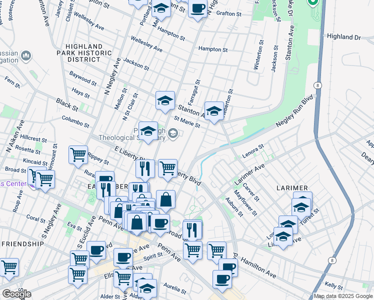 map of restaurants, bars, coffee shops, grocery stores, and more near 544 North Sheridan Avenue in Pittsburgh