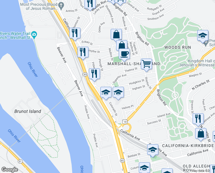 map of restaurants, bars, coffee shops, grocery stores, and more near 1506 Superior Avenue in Pittsburgh