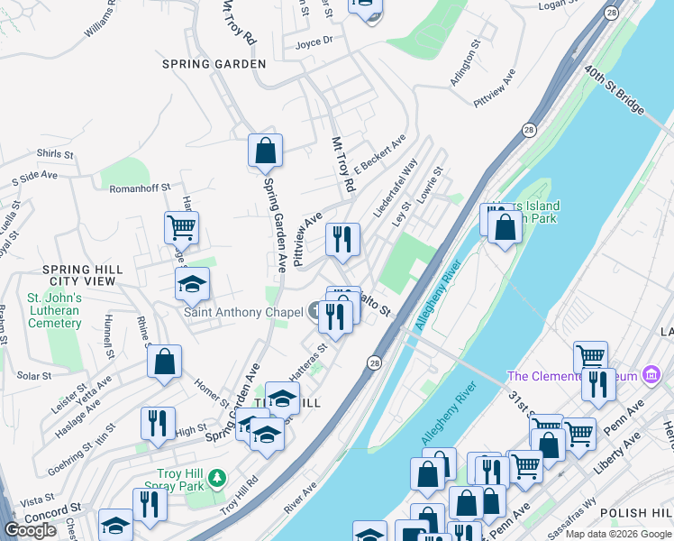 map of restaurants, bars, coffee shops, grocery stores, and more near 1827 Rialto Street in Pittsburgh