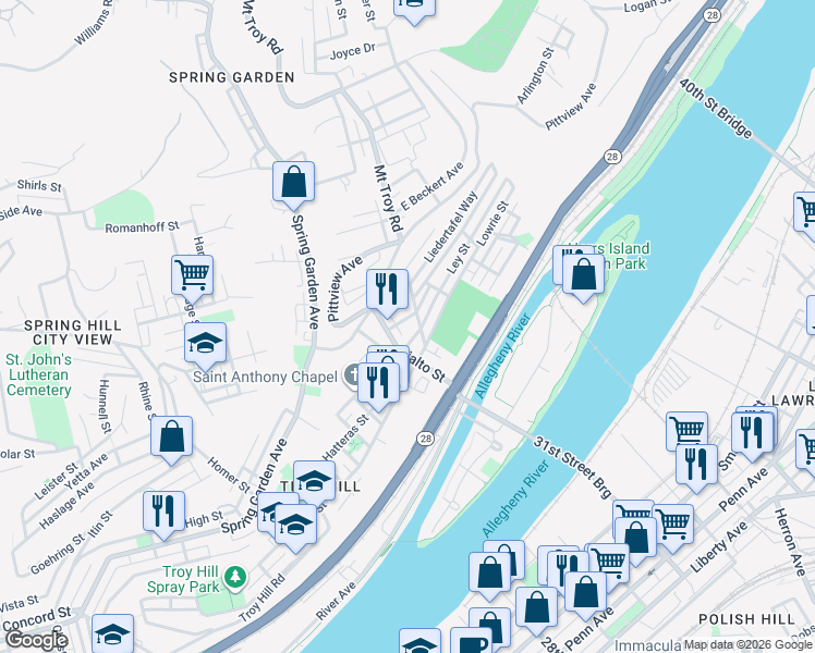 map of restaurants, bars, coffee shops, grocery stores, and more near 1921 Tours Street in Pittsburgh