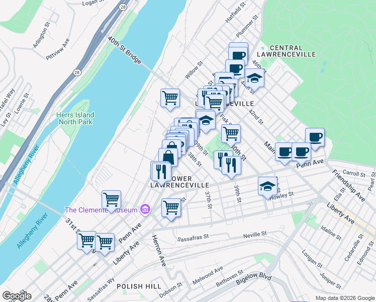 map of restaurants, bars, coffee shops, grocery stores, and more near 3816 Butler Street in Pittsburgh
