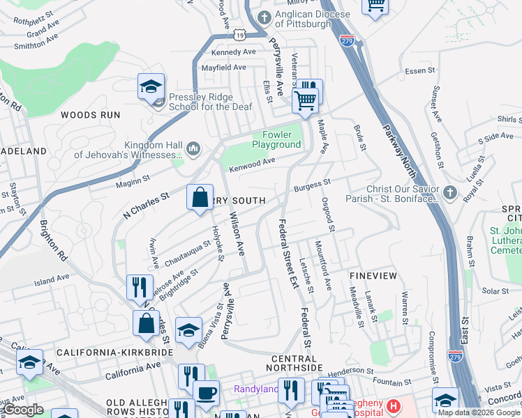 map of restaurants, bars, coffee shops, grocery stores, and more near 202 Chester Avenue in Pittsburgh