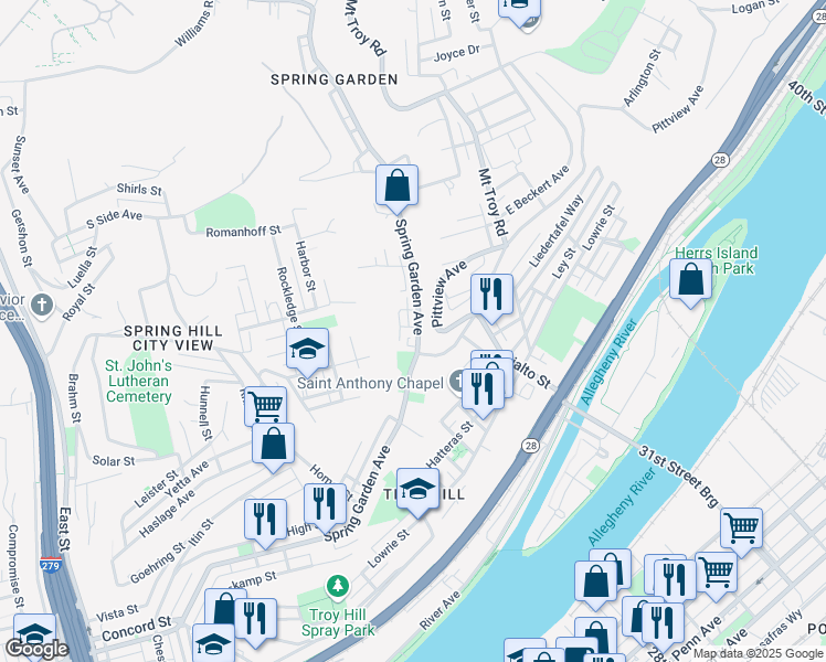 map of restaurants, bars, coffee shops, grocery stores, and more near 1620 Spring Garden Ave in Pittsburgh