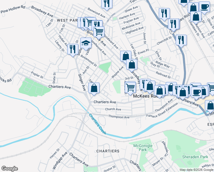 map of restaurants, bars, coffee shops, grocery stores, and more near 1133 Wayne Ave in McKees Rocks