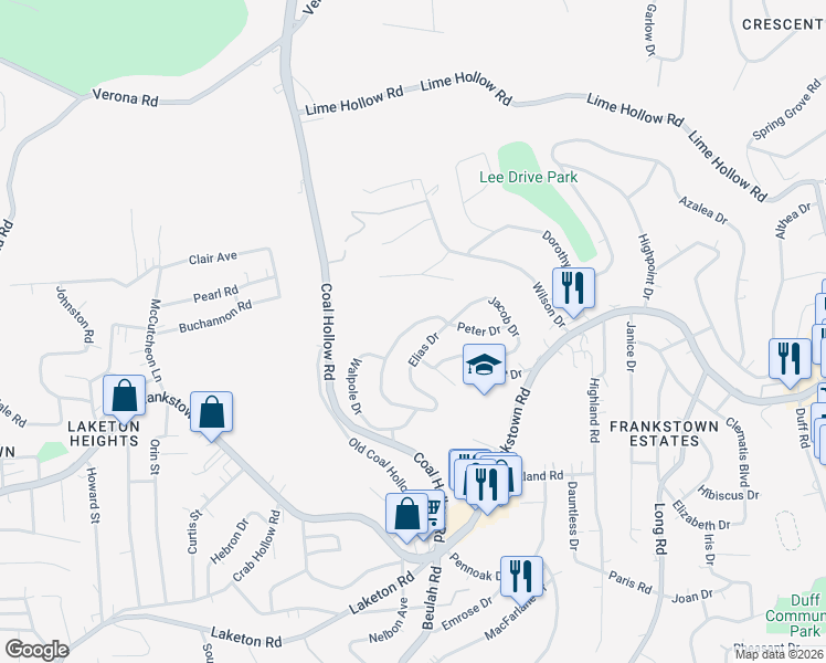 map of restaurants, bars, coffee shops, grocery stores, and more near 432 Elias Drive in Pittsburgh