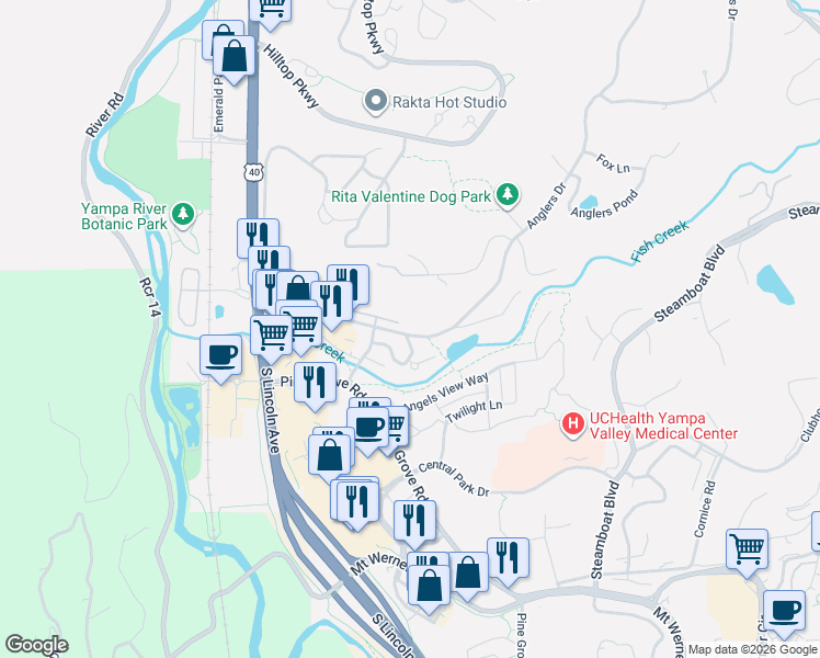 map of restaurants, bars, coffee shops, grocery stores, and more near 1187 Anglers Drive in Steamboat Springs