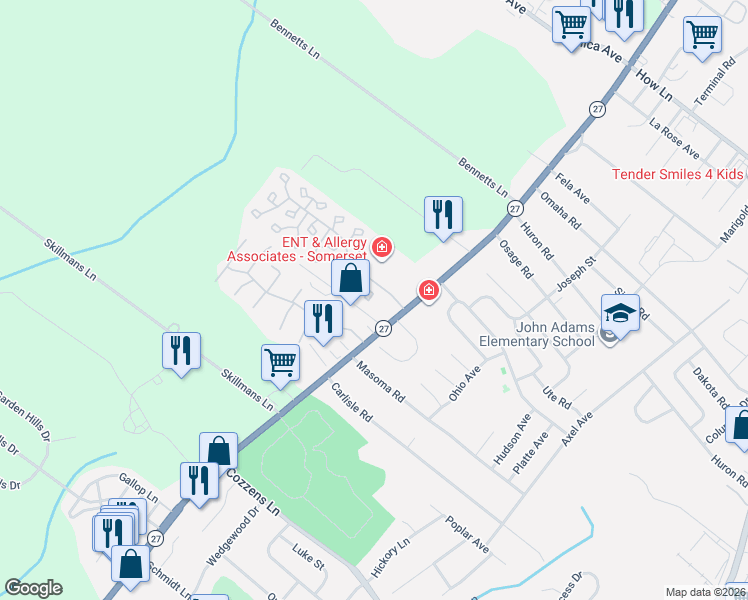 map of restaurants, bars, coffee shops, grocery stores, and more near 9 Kingsberry Drive in Franklin Township