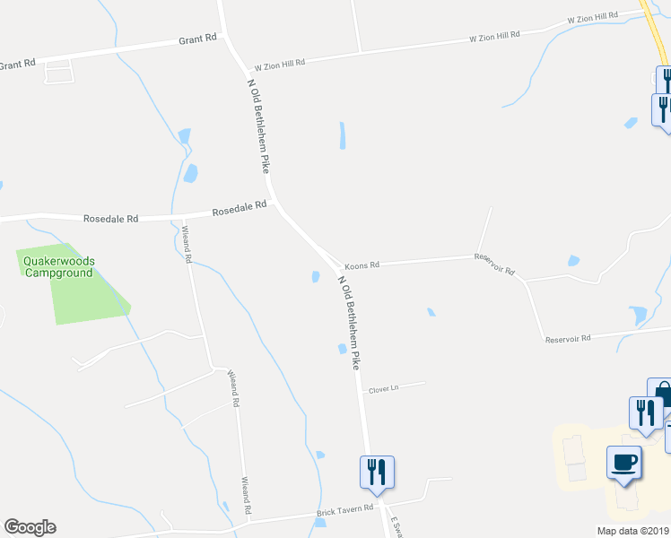 map of restaurants, bars, coffee shops, grocery stores, and more near 2640 North Old Bethlehem Pike in Quakertown