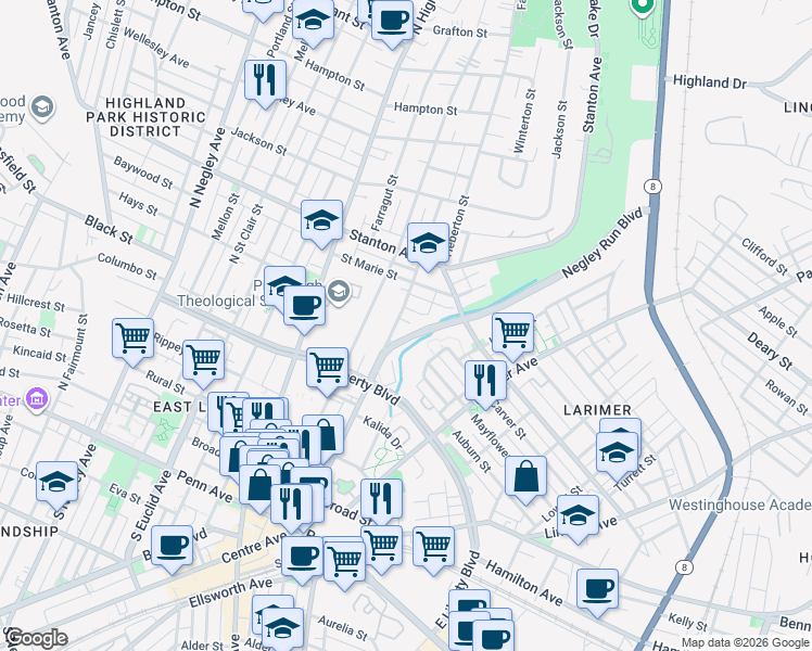 map of restaurants, bars, coffee shops, grocery stores, and more near 634 Collins Street in Pittsburgh