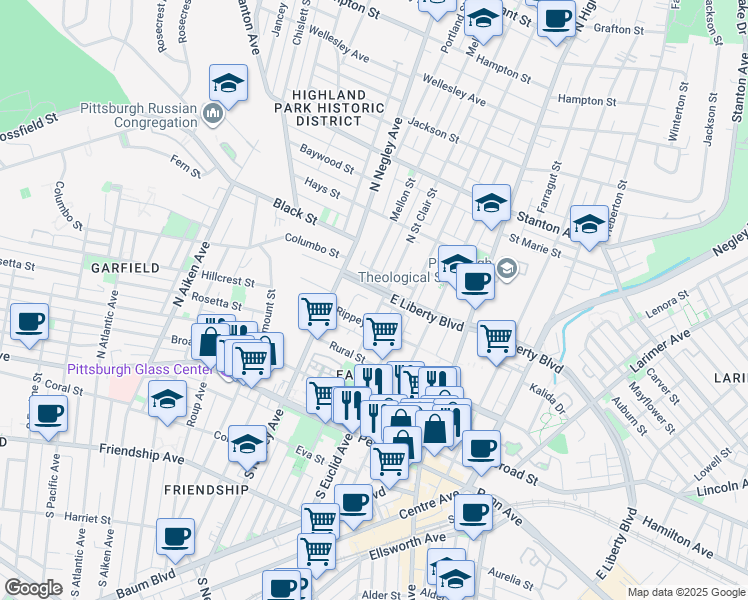 map of restaurants, bars, coffee shops, grocery stores, and more near 5684 East Liberty Boulevard in Pittsburgh