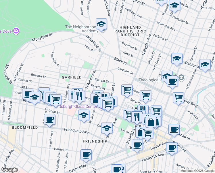 map of restaurants, bars, coffee shops, grocery stores, and more near 5468 Hillcrest Street in Pittsburgh