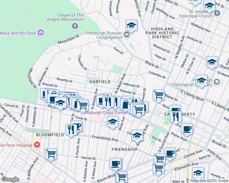 map of restaurants, bars, coffee shops, grocery stores, and more near in Pittsburgh