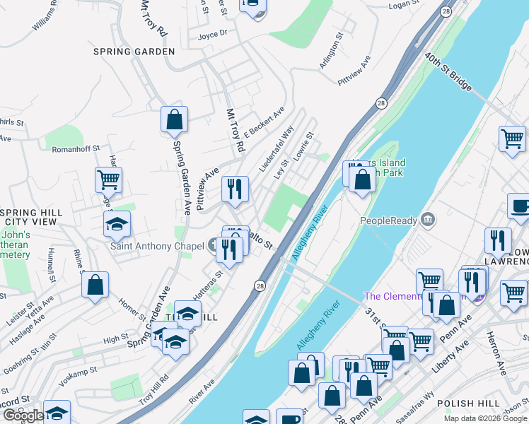 map of restaurants, bars, coffee shops, grocery stores, and more near 1955 Lowrie Street in Pittsburgh