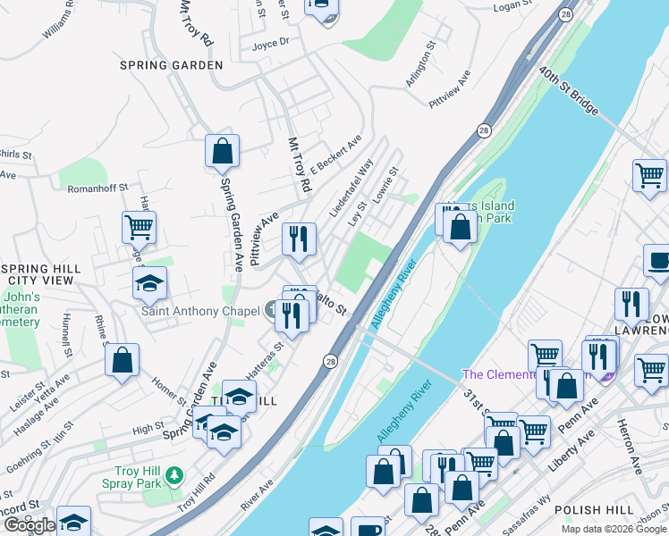map of restaurants, bars, coffee shops, grocery stores, and more near 1955 Lowrie Street in Pittsburgh