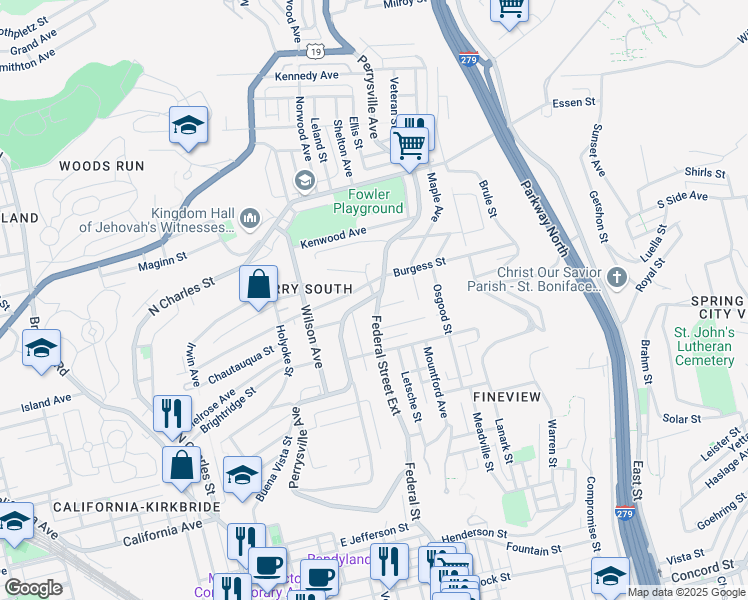map of restaurants, bars, coffee shops, grocery stores, and more near 2341 Perrysville Avenue in Pittsburgh
