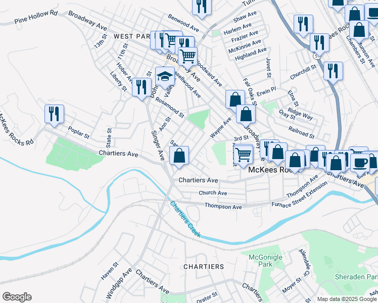 map of restaurants, bars, coffee shops, grocery stores, and more near 1234 Vine Street in McKees Rocks