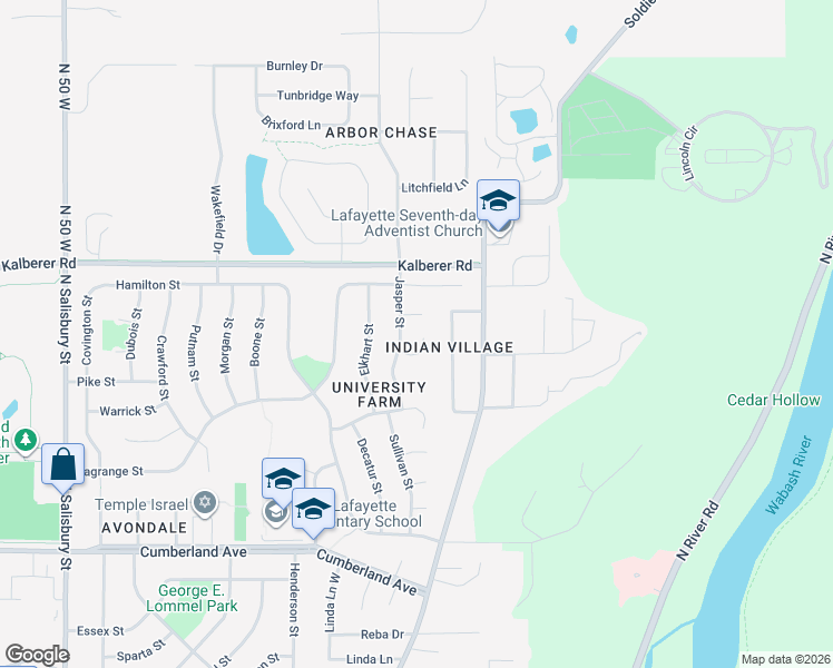 map of restaurants, bars, coffee shops, grocery stores, and more near 3312 Jasper St in West Lafayette