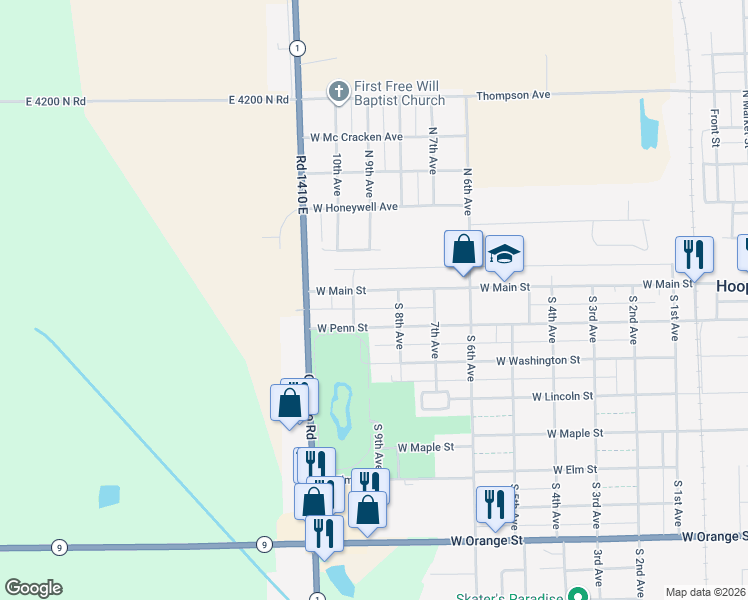 map of restaurants, bars, coffee shops, grocery stores, and more near 901-999 West Main Street in Hoopeston