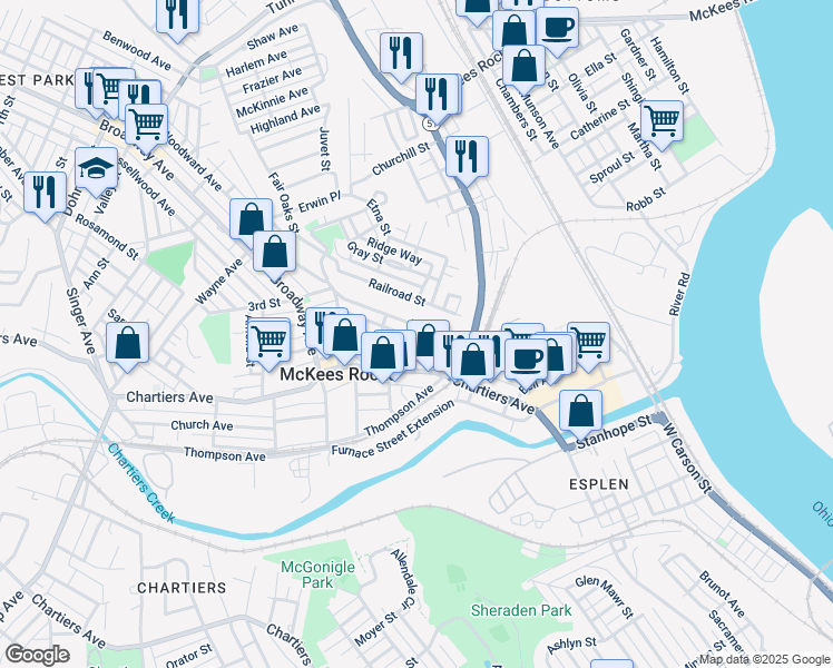 map of restaurants, bars, coffee shops, grocery stores, and more near 747 Boquet Street in McKees Rocks