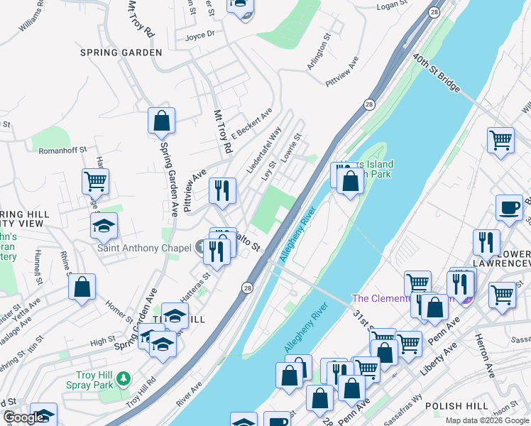map of restaurants, bars, coffee shops, grocery stores, and more near 1955 Lowrie Street in Pittsburgh