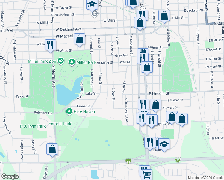 map of restaurants, bars, coffee shops, grocery stores, and more near 1305 South Oak Street in Bloomington
