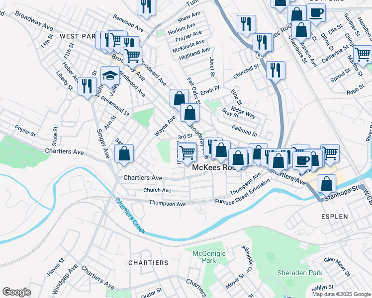 map of restaurants, bars, coffee shops, grocery stores, and more near 1025 2nd Street in McKees Rocks