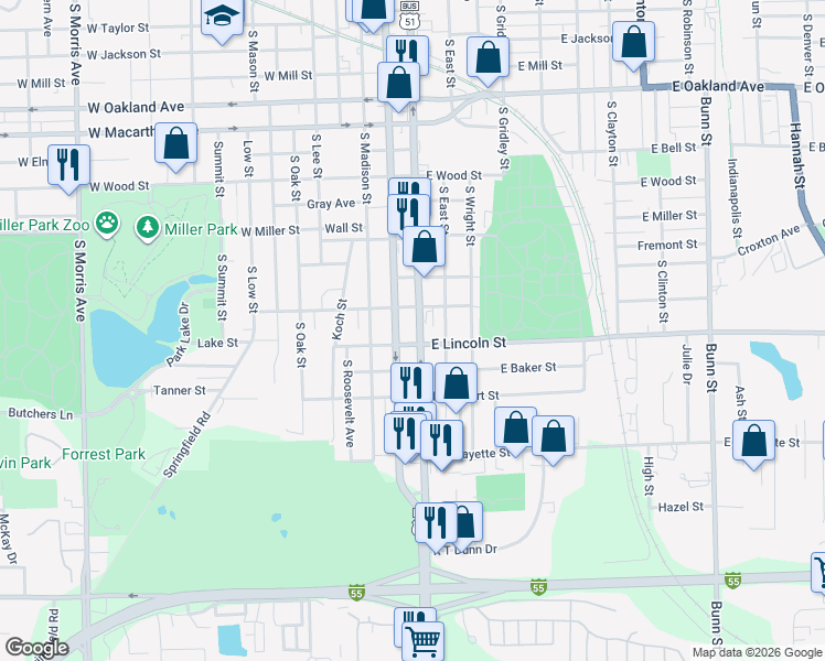 map of restaurants, bars, coffee shops, grocery stores, and more near 1309 South Main Street in Bloomington