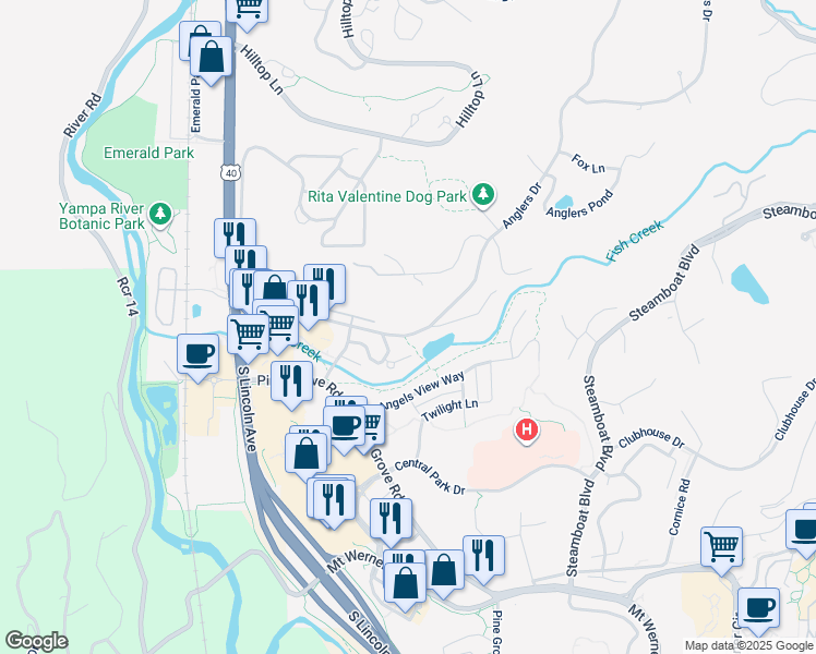 map of restaurants, bars, coffee shops, grocery stores, and more near 1187 Anglers Drive in Steamboat Springs