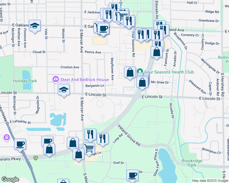 map of restaurants, bars, coffee shops, grocery stores, and more near 2218 East Lincoln Street in Bloomington