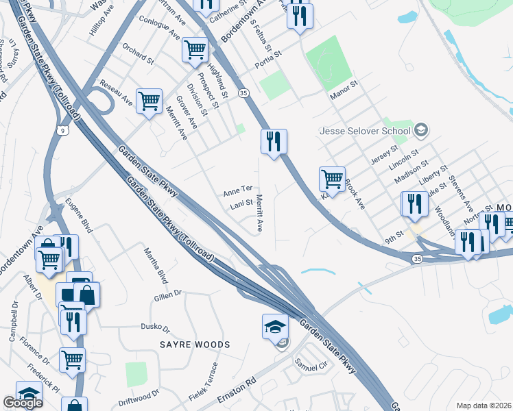 map of restaurants, bars, coffee shops, grocery stores, and more near 9 Lani Street in South Amboy