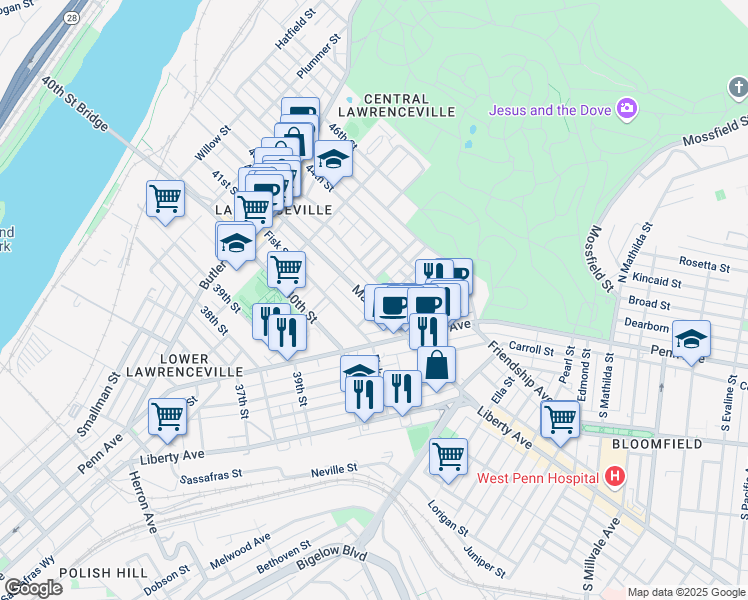 map of restaurants, bars, coffee shops, grocery stores, and more near 341 Main Street in Pittsburgh