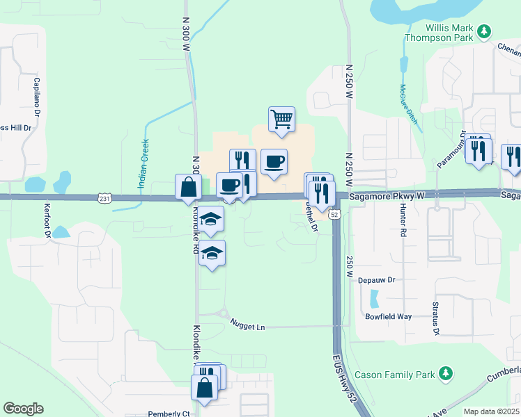 map of restaurants, bars, coffee shops, grocery stores, and more near 3451 Wyndham Way in West Lafayette