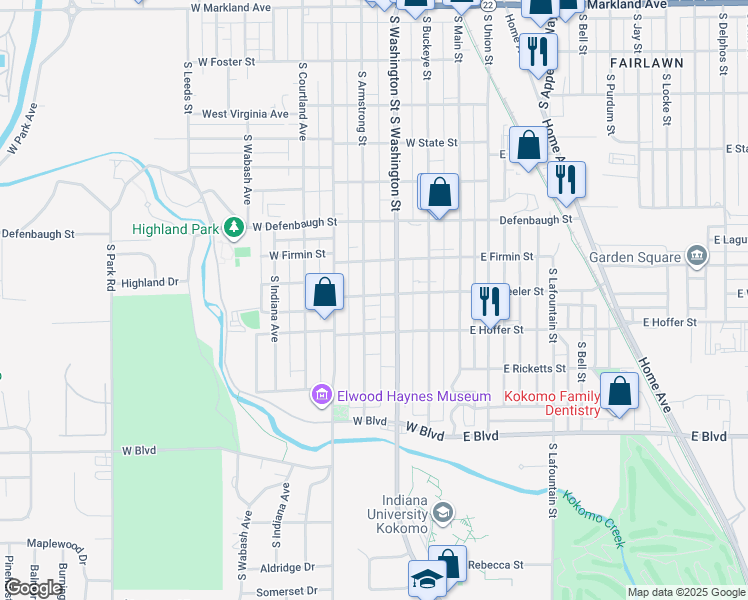 map of restaurants, bars, coffee shops, grocery stores, and more near 351-399 West Wheeler Street in Kokomo