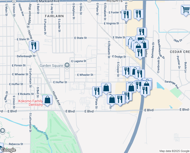 map of restaurants, bars, coffee shops, grocery stores, and more near 1235 East Wheeler Street in Kokomo