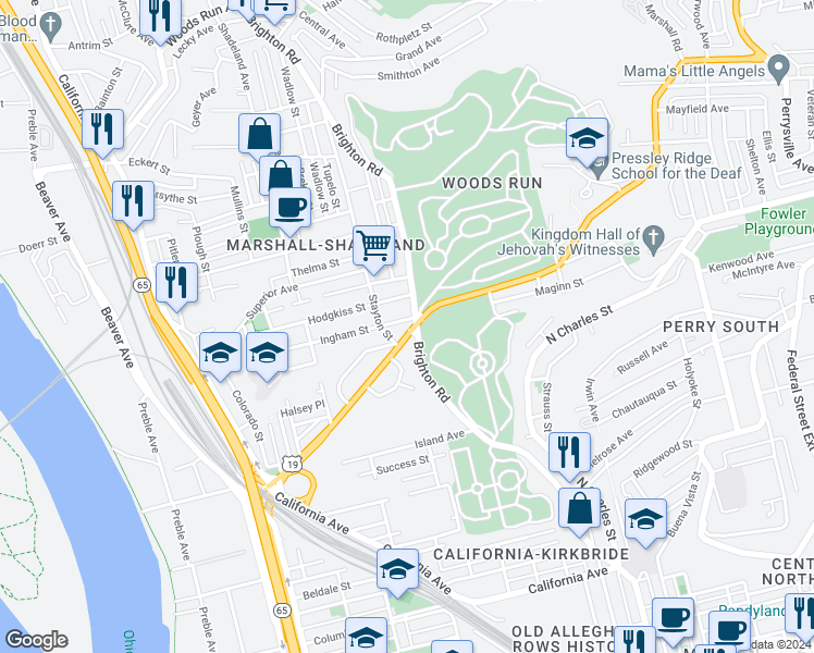 map of restaurants, bars, coffee shops, grocery stores, and more near 2501 Brighton Road in Pittsburgh