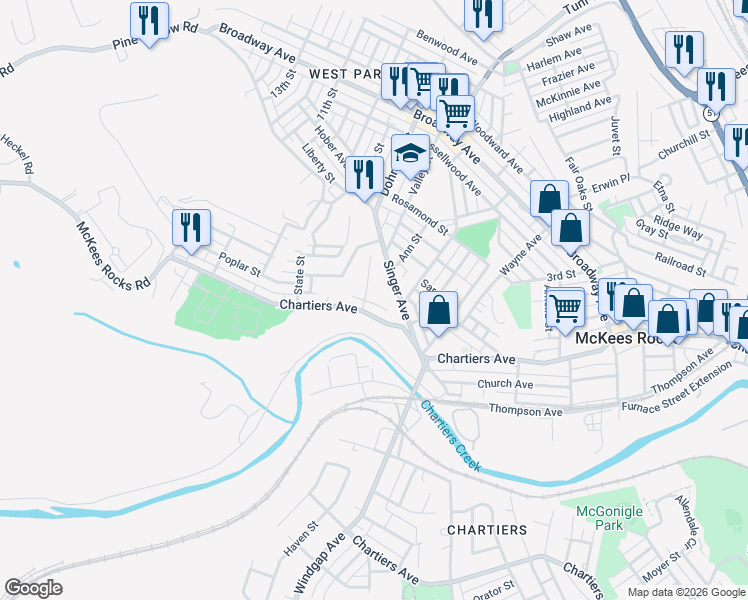 map of restaurants, bars, coffee shops, grocery stores, and more near 205 Singer Avenue in McKees Rocks