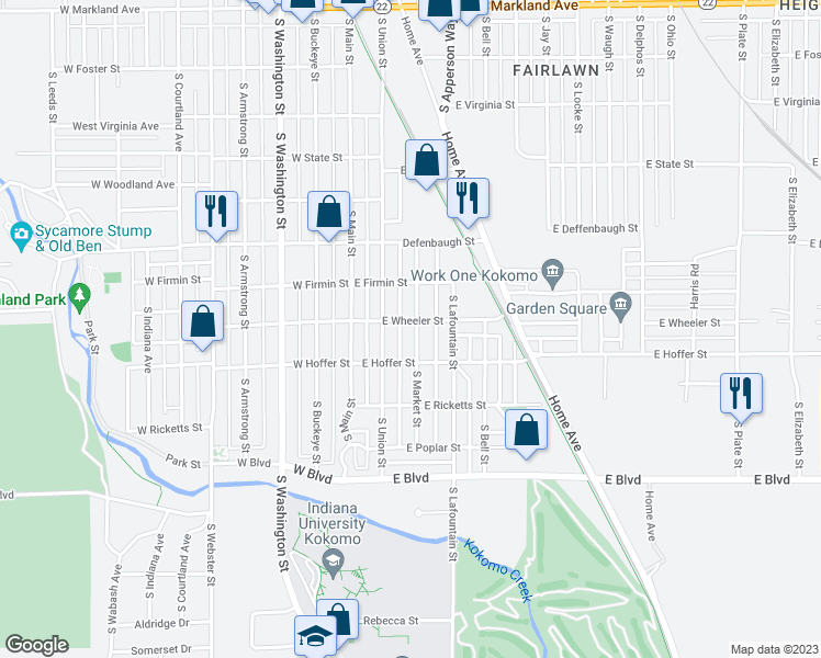 map of restaurants, bars, coffee shops, grocery stores, and more near 1707 South Market Street in Kokomo