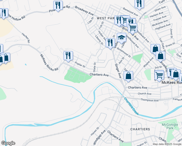 map of restaurants, bars, coffee shops, grocery stores, and more near 1512 Chartiers Avenue in McKees Rocks